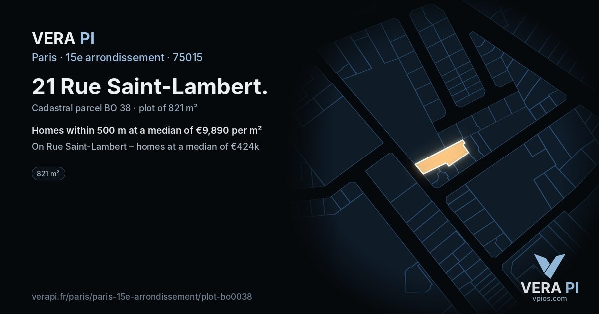 21 Rue Saint-Lambert, 15e arrondissement at night – the plot lit, the parcels around coloured by the prices near them