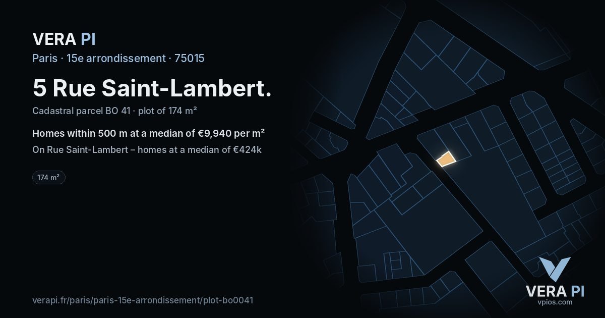 5 Rue Saint-Lambert, 15e arrondissement at night – the plot lit, the parcels around coloured by the prices near them