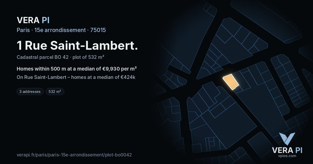 1 Rue Saint-Lambert, 15e arrondissement at night – the plot lit, the parcels around coloured by the prices near them