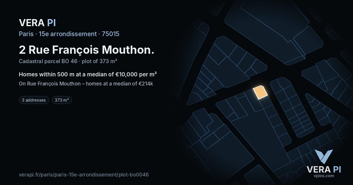 2 Rue François Mouthon, 15e arrondissement at night – the plot lit, the parcels around coloured by the prices near them