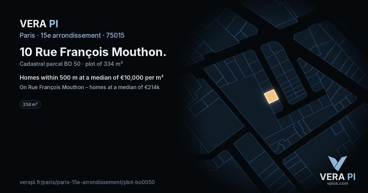 10 Rue François Mouthon, 15e arrondissement at night – the plot lit, the parcels around coloured by the prices near them