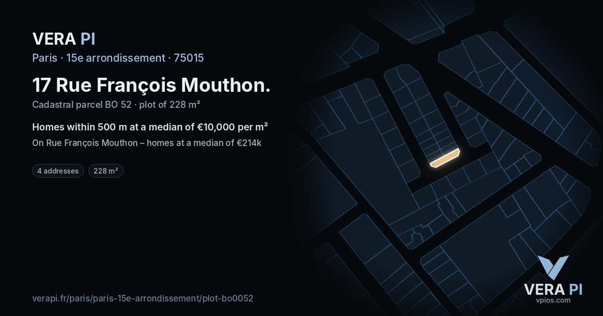 17 Rue François Mouthon, 15e arrondissement at night – the plot lit, the parcels around coloured by the prices near them