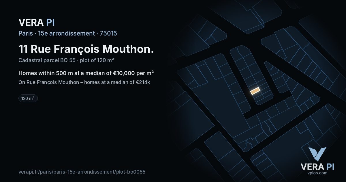 11 Rue François Mouthon, 15e arrondissement at night – the plot lit, the parcels around coloured by the prices near them