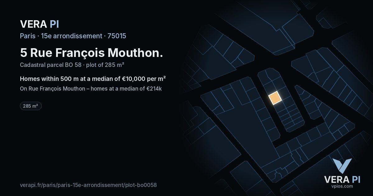 5 Rue François Mouthon, 15e arrondissement at night – the plot lit, the parcels around coloured by the prices near them