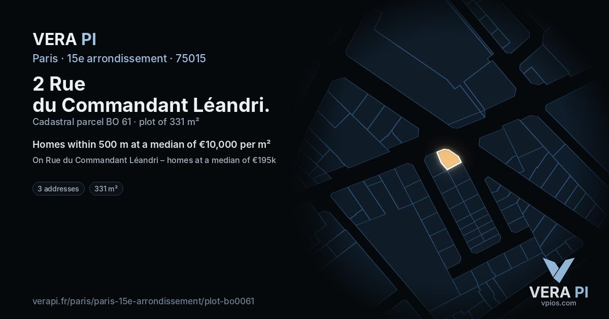 2 Rue du Commandant Léandri, 15e arrondissement at night – the plot lit, the parcels around coloured by the prices near them