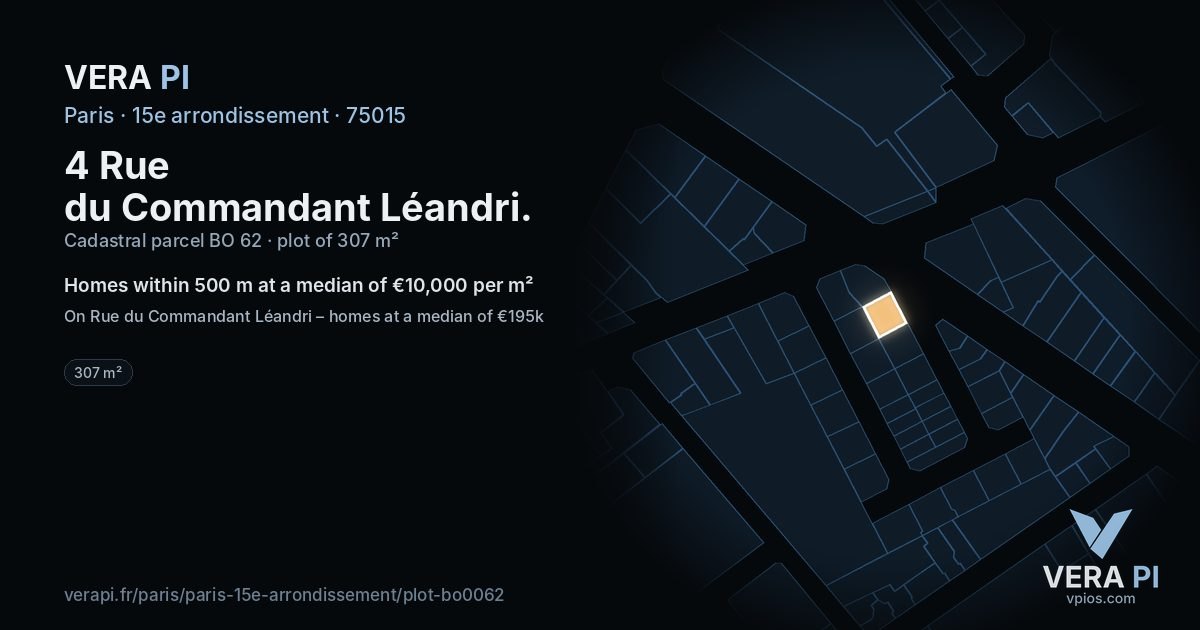 4 Rue du Commandant Léandri, 15e arrondissement at night – the plot lit, the parcels around coloured by the prices near them
