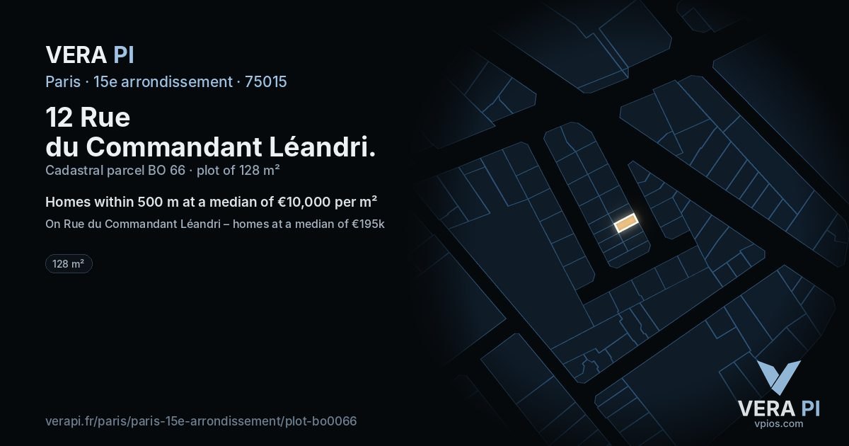 12 Rue du Commandant Léandri, 15e arrondissement at night – the plot lit, the parcels around coloured by the prices near them