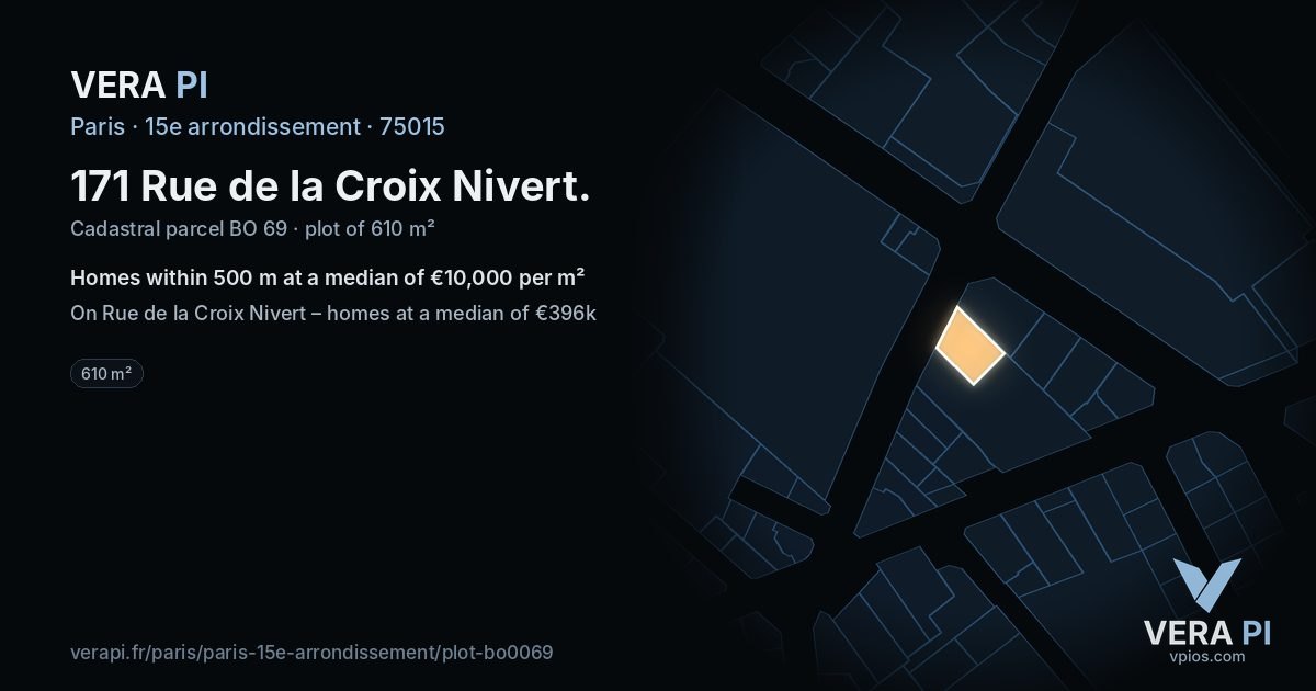 171 Rue de la Croix Nivert, 15e arrondissement at night – the plot lit, the parcels around coloured by the prices near them