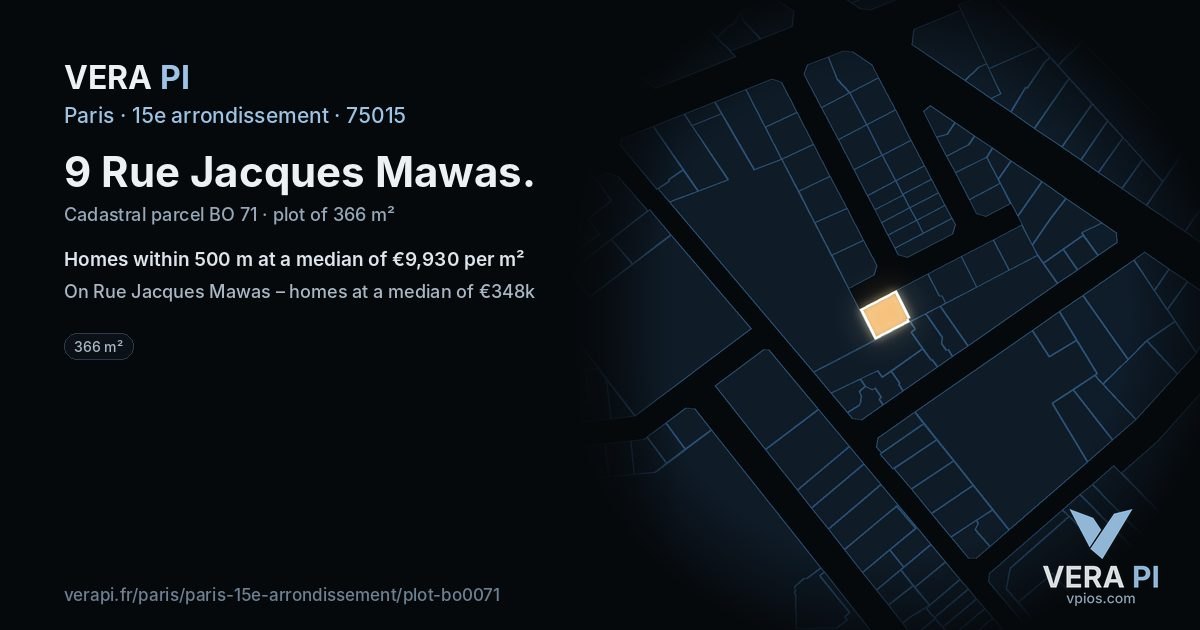 9 Rue Jacques Mawas, 15e arrondissement at night – the plot lit, the parcels around coloured by the prices near them
