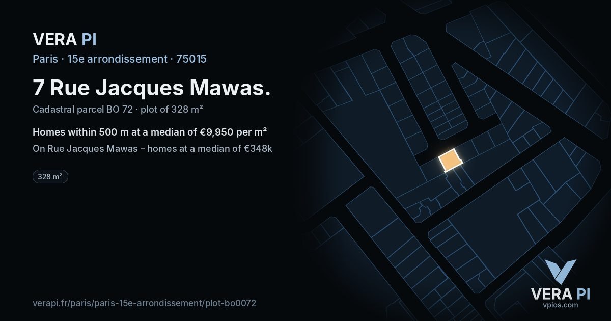 7 Rue Jacques Mawas, 15e arrondissement at night – the plot lit, the parcels around coloured by the prices near them