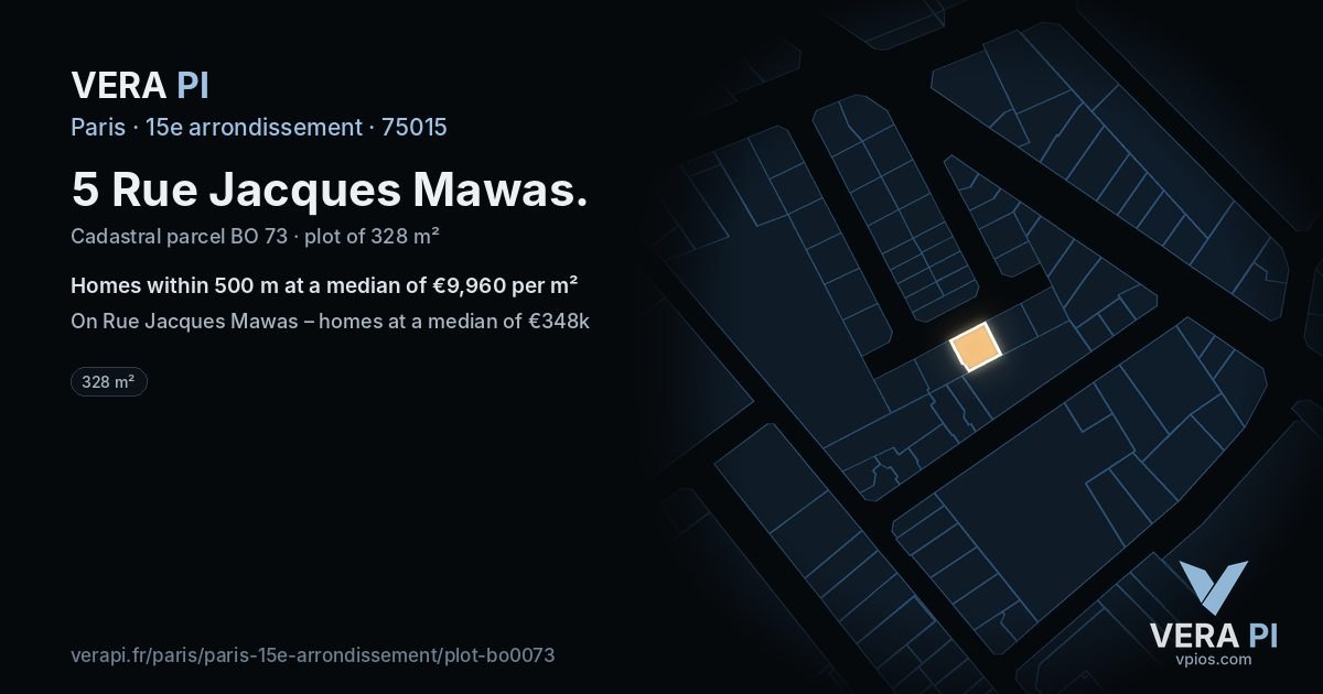 5 Rue Jacques Mawas, 15e arrondissement at night – the plot lit, the parcels around coloured by the prices near them
