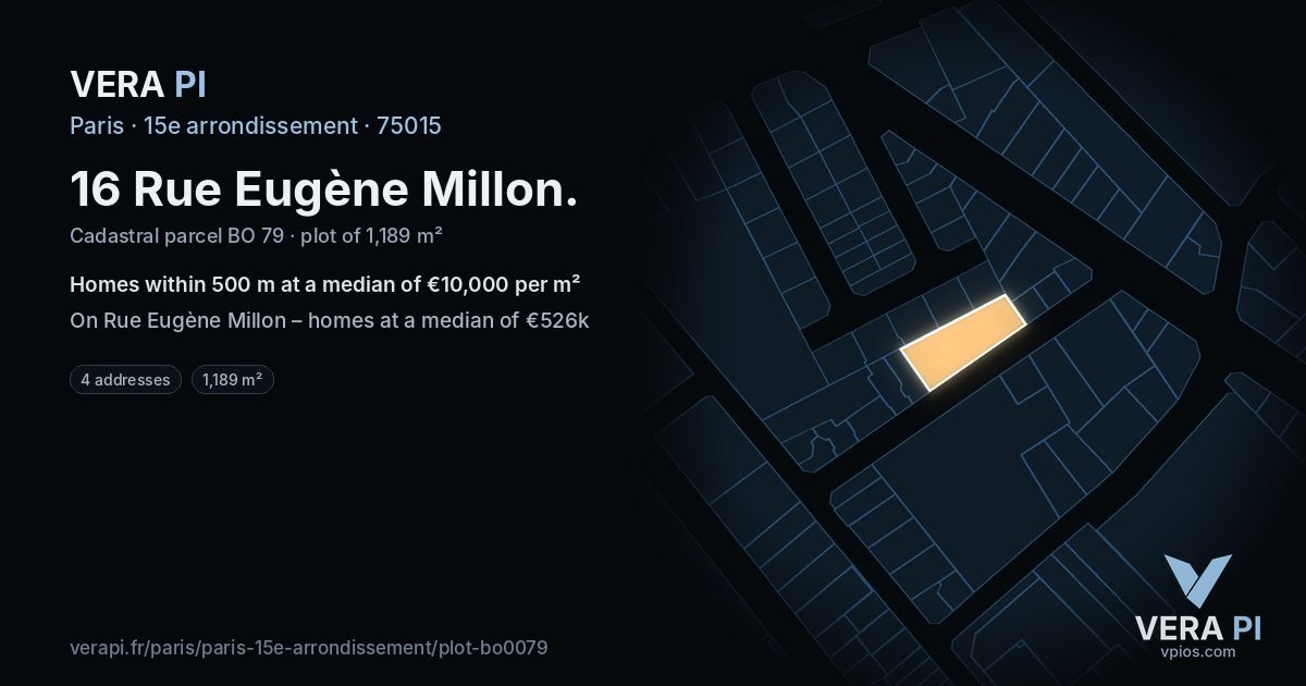16 Rue Eugène Millon, 15e arrondissement at night – the plot lit, the parcels around coloured by the prices near them