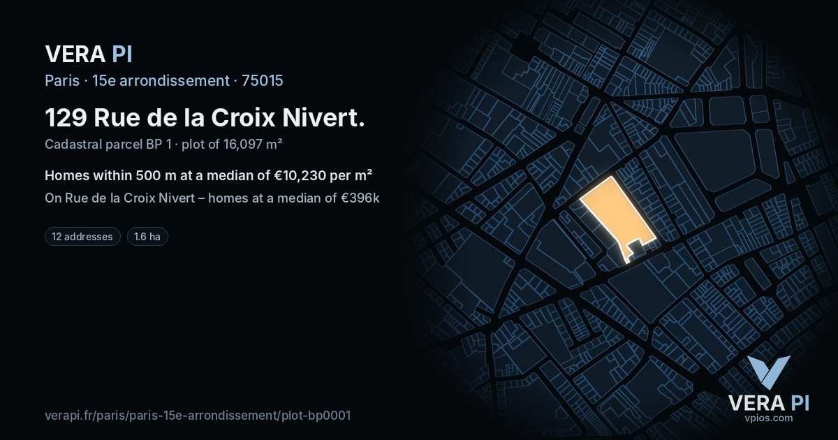129 Rue de la Croix Nivert, 15e arrondissement at night – the plot lit, the parcels around coloured by the prices near them