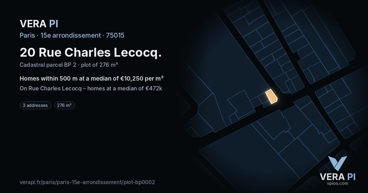 20 Rue Charles Lecocq, 15e arrondissement at night – the plot lit, the parcels around coloured by the prices near them