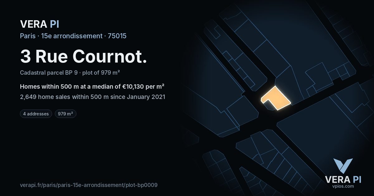 3 Rue Cournot, 15e arrondissement at night – the plot lit, the parcels around coloured by the prices near them