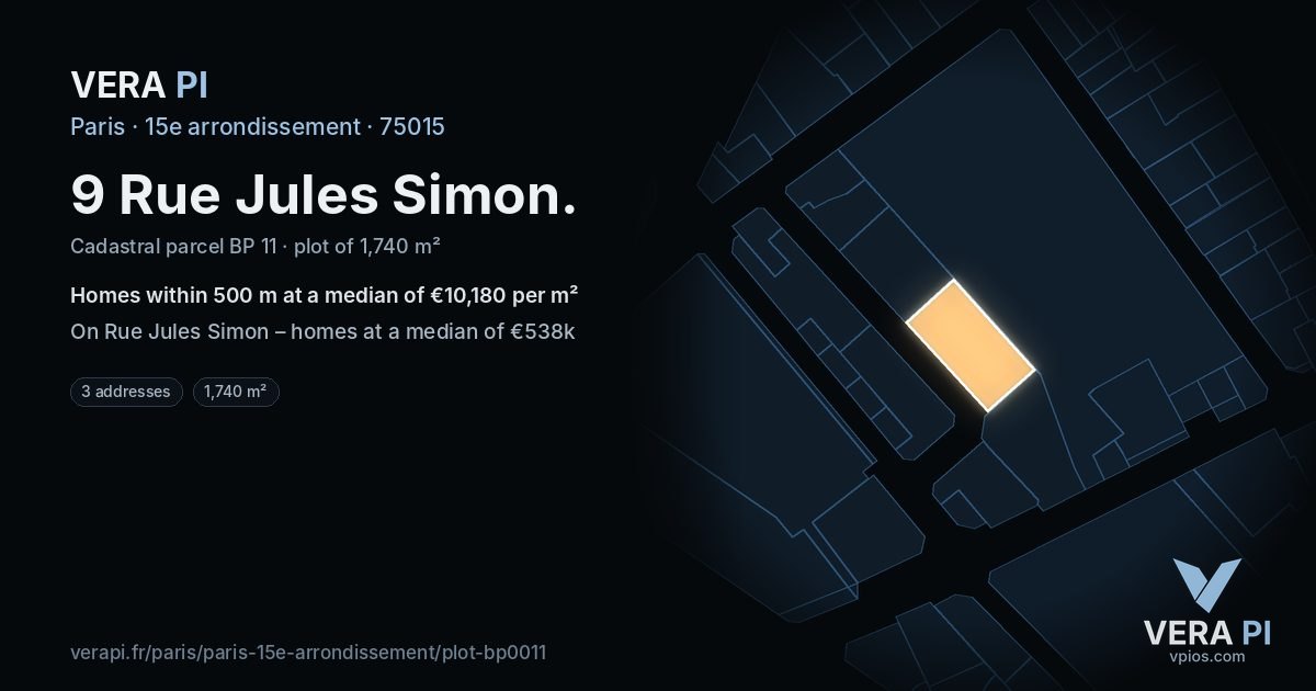 9 Rue Jules Simon, 15e arrondissement at night – the plot lit, the parcels around coloured by the prices near them