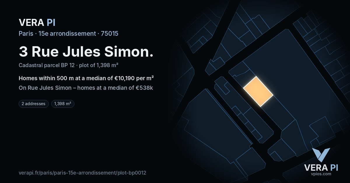 3 Rue Jules Simon, 15e arrondissement at night – the plot lit, the parcels around coloured by the prices near them