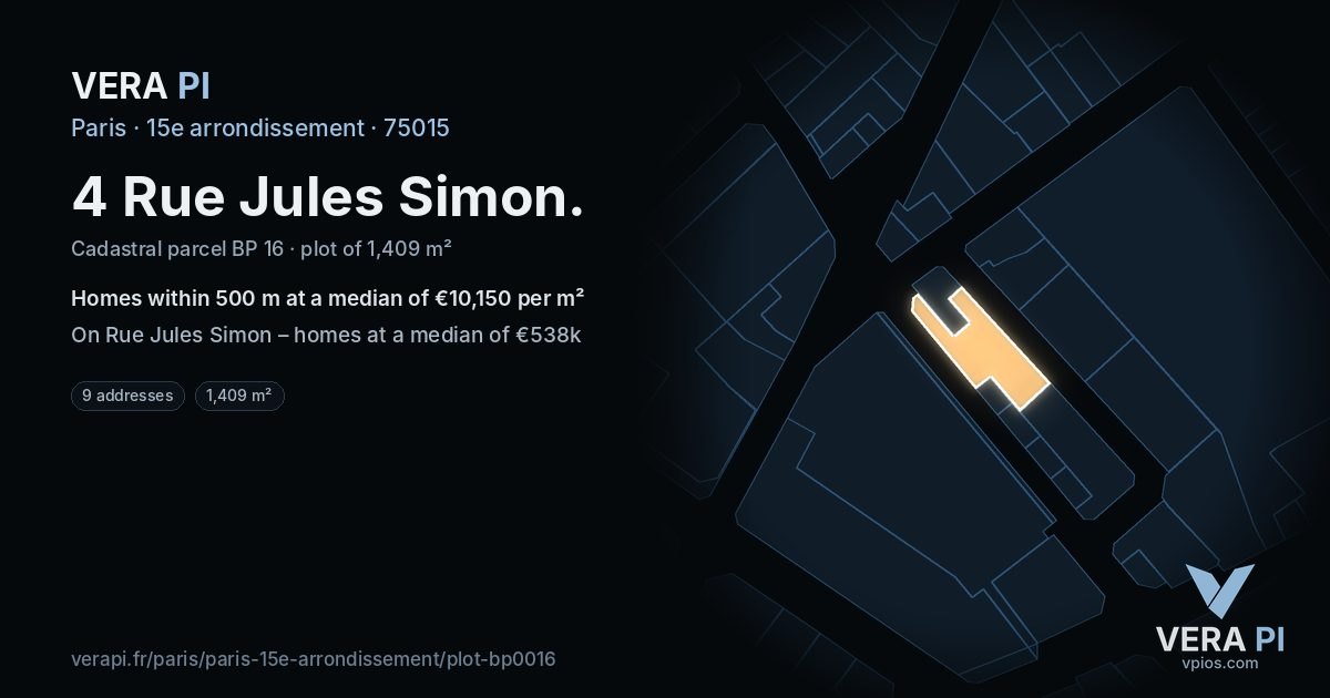 4 Rue Jules Simon, 15e arrondissement at night – the plot lit, the parcels around coloured by the prices near them