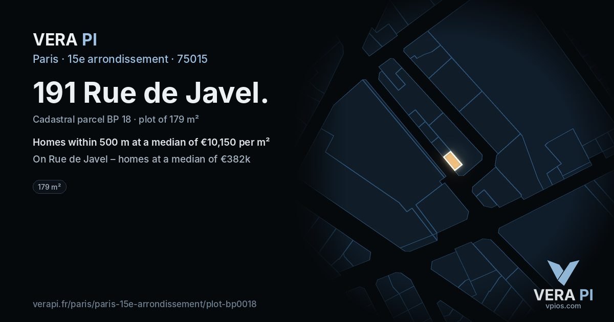 191 Rue de Javel, 15e arrondissement at night – the plot lit, the parcels around coloured by the prices near them