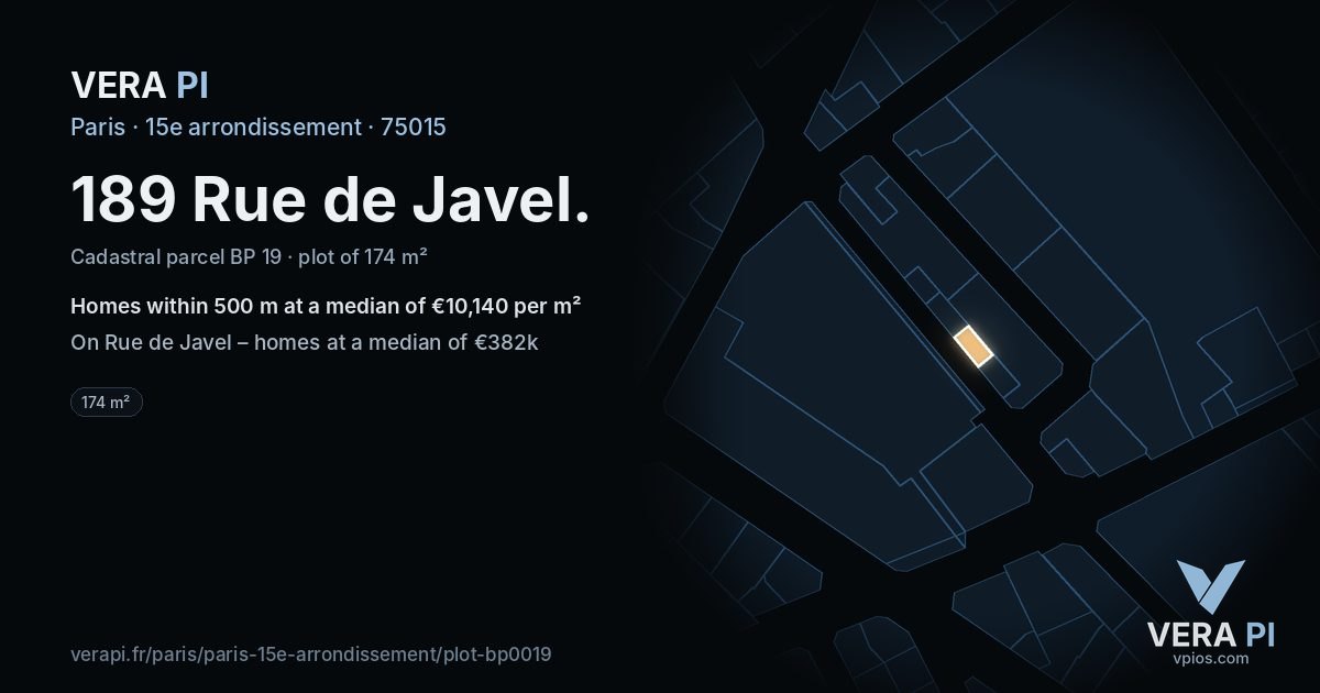 189 Rue de Javel, 15e arrondissement at night – the plot lit, the parcels around coloured by the prices near them
