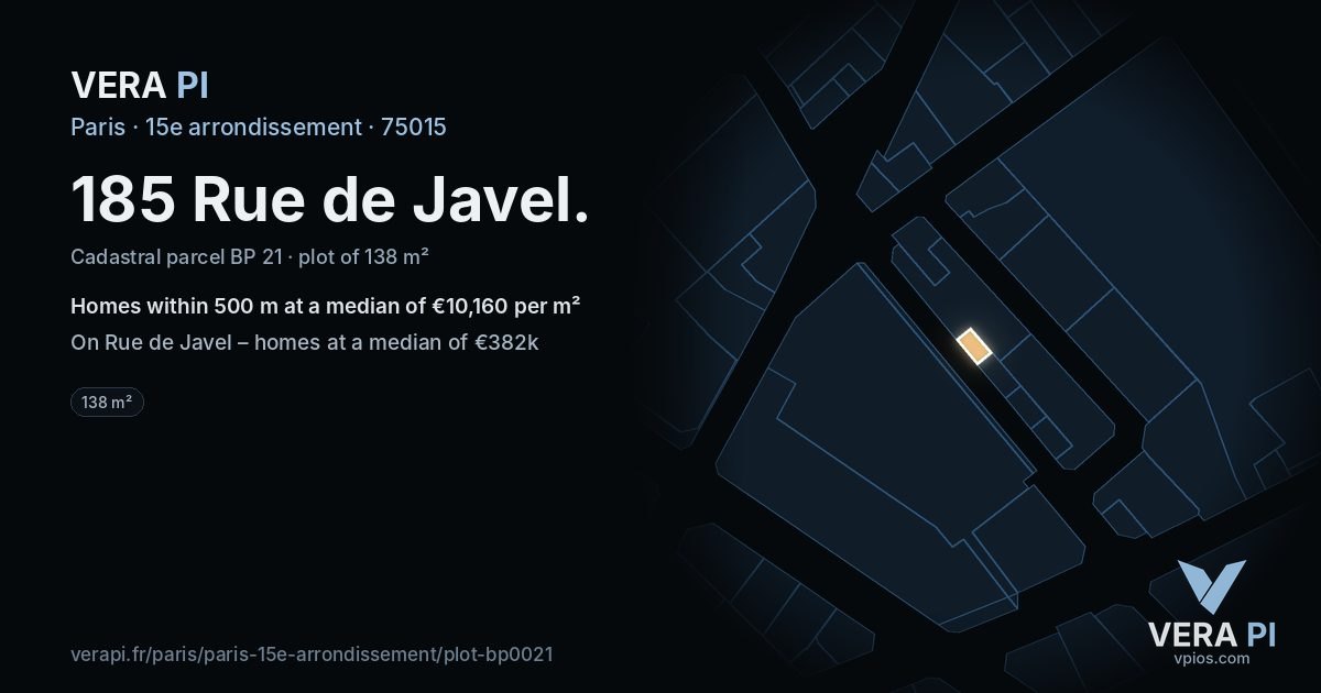 185 Rue de Javel, 15e arrondissement at night – the plot lit, the parcels around coloured by the prices near them