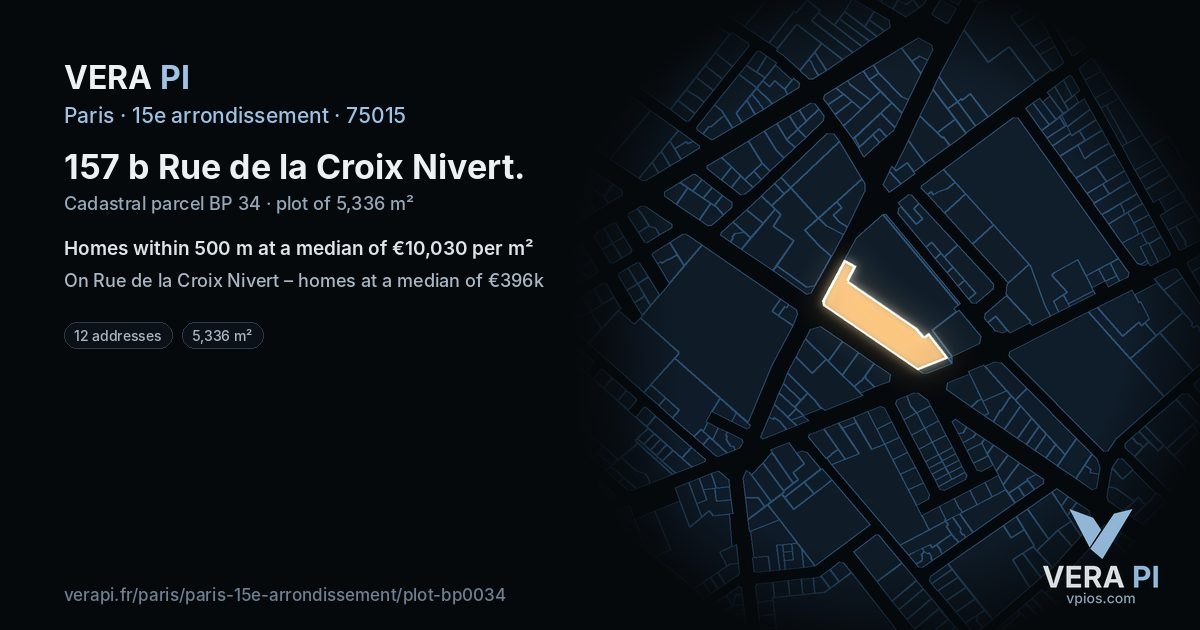 157 b Rue de la Croix Nivert, 15e arrondissement at night – the plot lit, the parcels around coloured by the prices near them