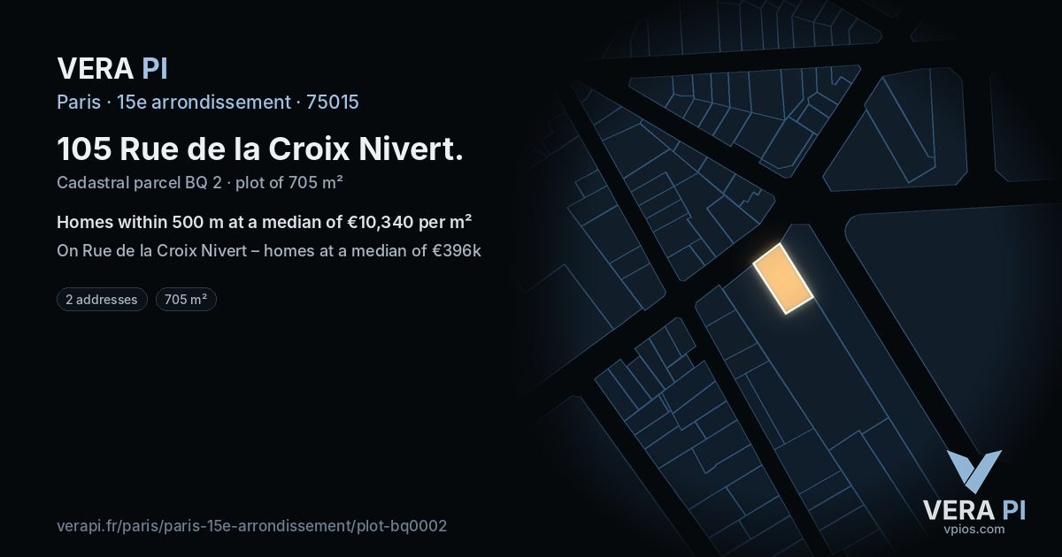 105 Rue de la Croix Nivert, 15e arrondissement at night – the plot lit, the parcels around coloured by the prices near them
