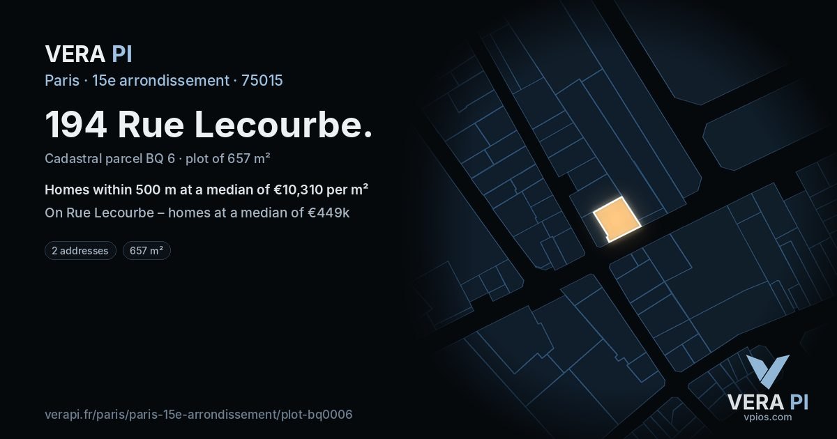 194 Rue Lecourbe, 15e arrondissement at night – the plot lit, the parcels around coloured by the prices near them