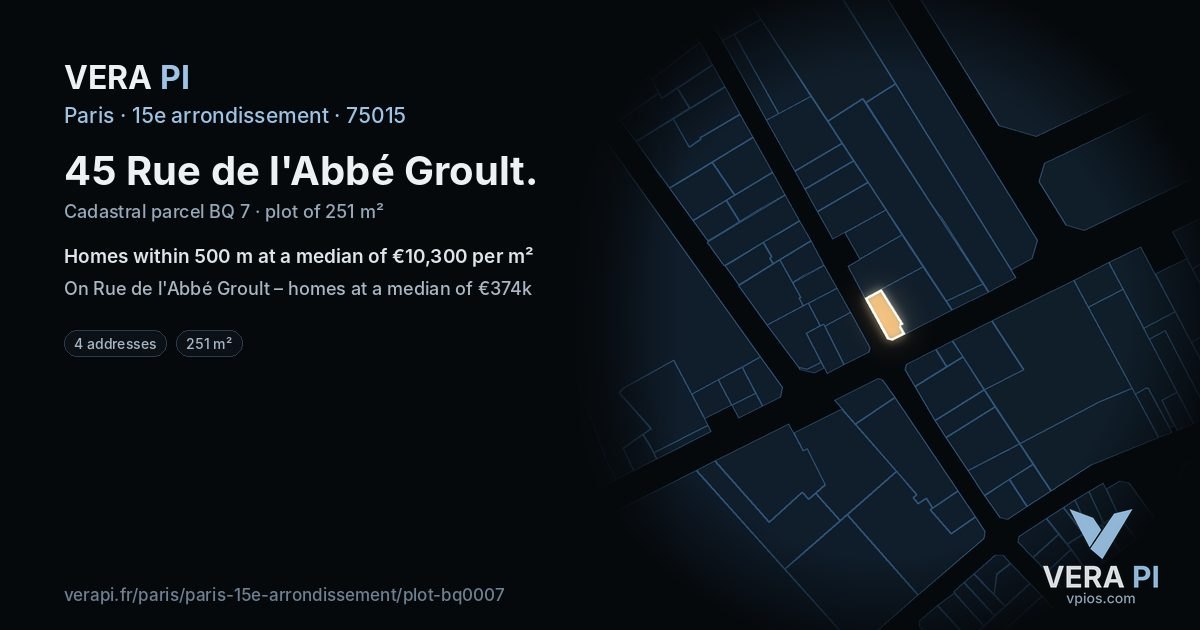 45 Rue de l'Abbé Groult, 15e arrondissement at night – the plot lit, the parcels around coloured by the prices near them