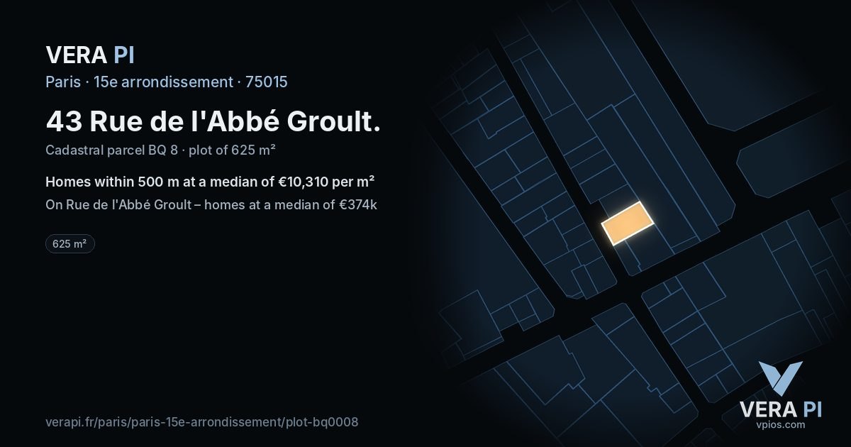 43 Rue de l'Abbé Groult, 15e arrondissement at night – the plot lit, the parcels around coloured by the prices near them
