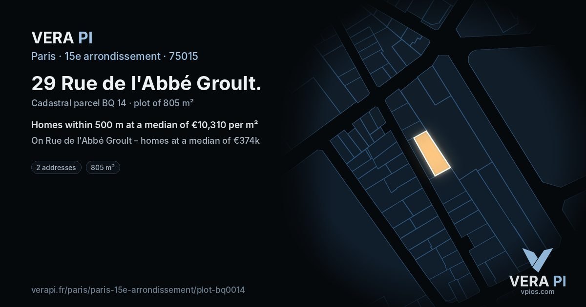 29 Rue de l'Abbé Groult, 15e arrondissement at night – the plot lit, the parcels around coloured by the prices near them