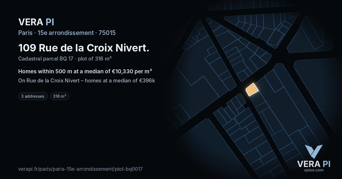 109 Rue de la Croix Nivert, 15e arrondissement at night – the plot lit, the parcels around coloured by the prices near them