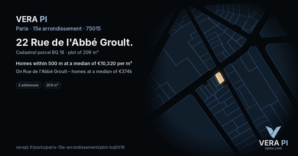 22 Rue de l'Abbé Groult, 15e arrondissement at night – the plot lit, the parcels around coloured by the prices near them