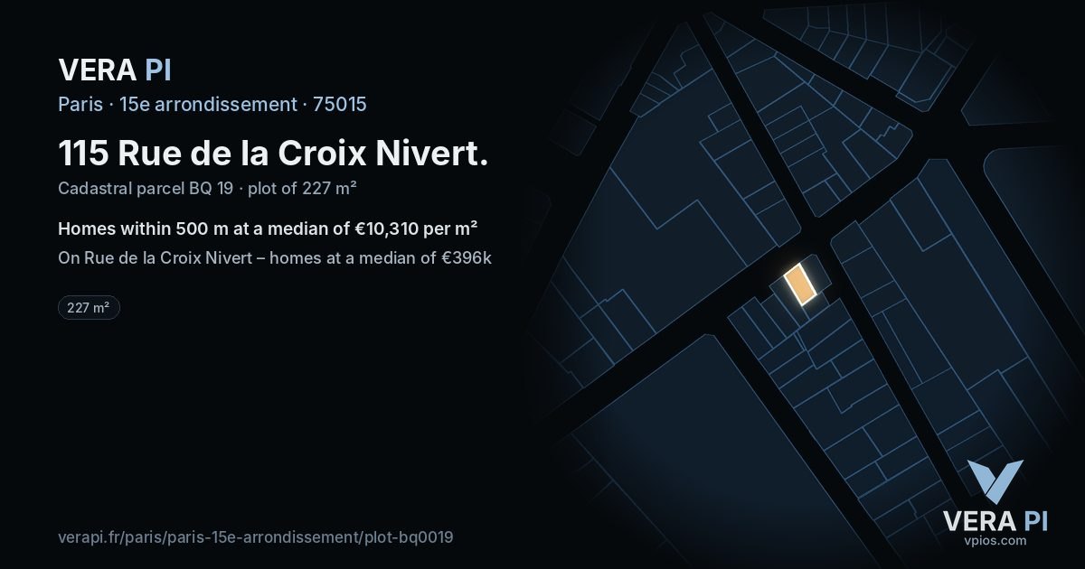 115 Rue de la Croix Nivert, 15e arrondissement at night – the plot lit, the parcels around coloured by the prices near them