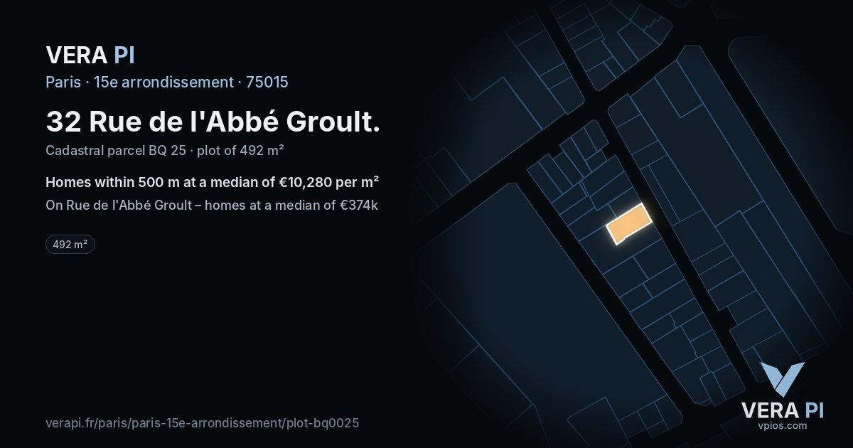 32 Rue de l'Abbé Groult, 15e arrondissement at night – the plot lit, the parcels around coloured by the prices near them