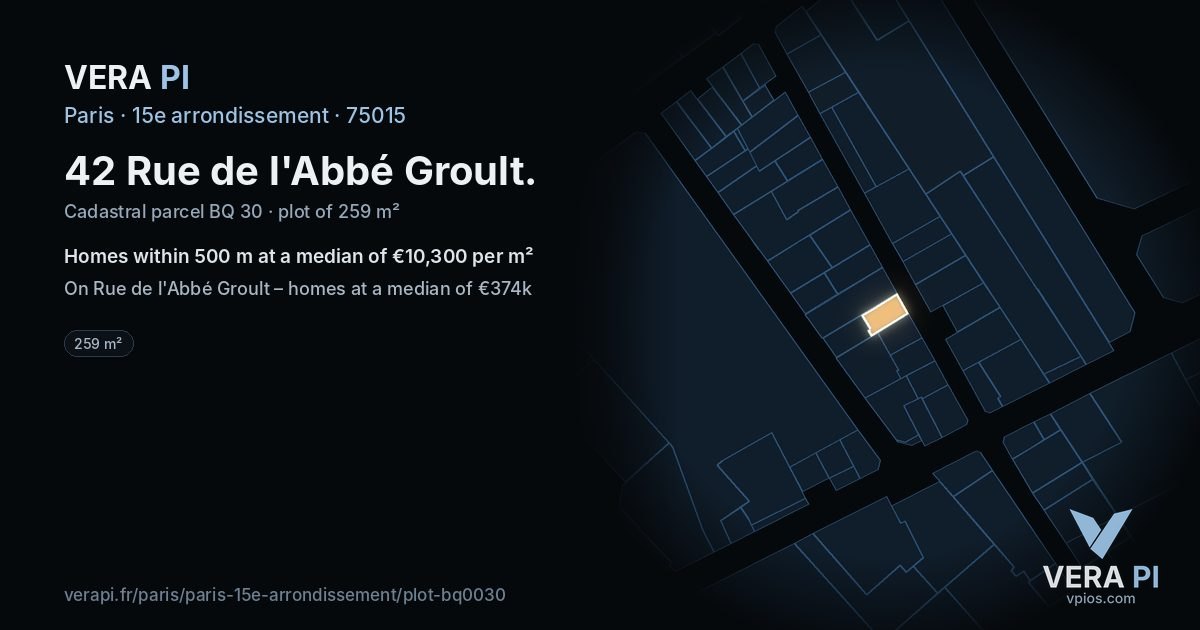 42 Rue de l'Abbé Groult, 15e arrondissement at night – the plot lit, the parcels around coloured by the prices near them
