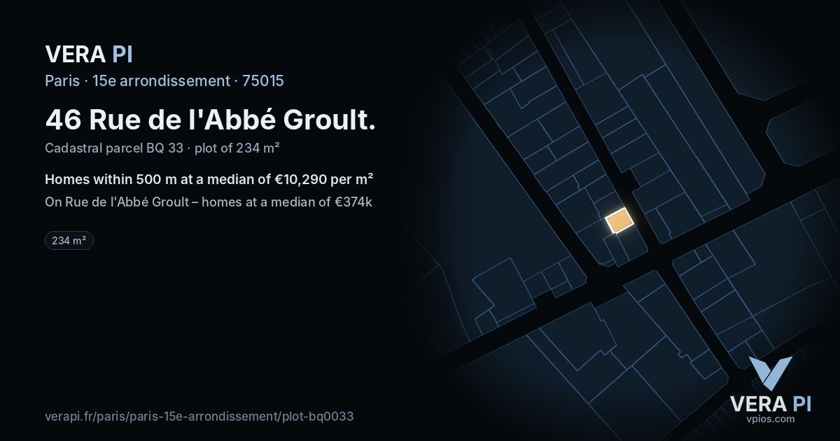 46 Rue de l'Abbé Groult, 15e arrondissement at night – the plot lit, the parcels around coloured by the prices near them