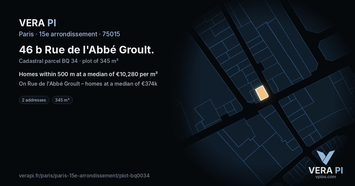 46 b Rue de l'Abbé Groult, 15e arrondissement at night – the plot lit, the parcels around coloured by the prices near them