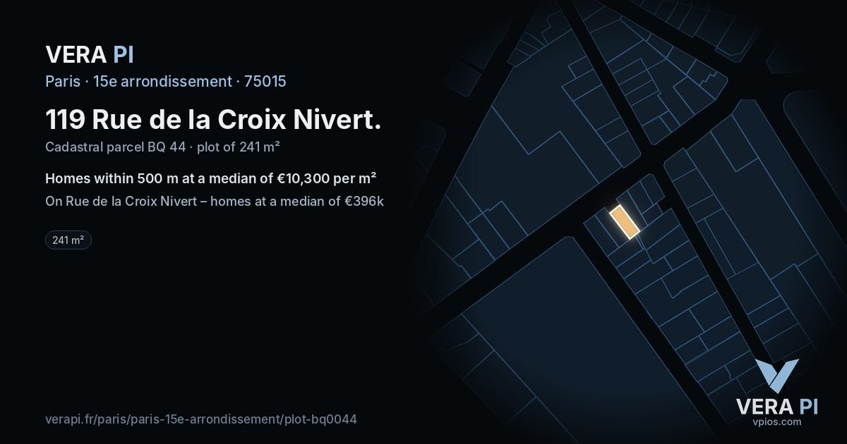119 Rue de la Croix Nivert, 15e arrondissement at night – the plot lit, the parcels around coloured by the prices near them