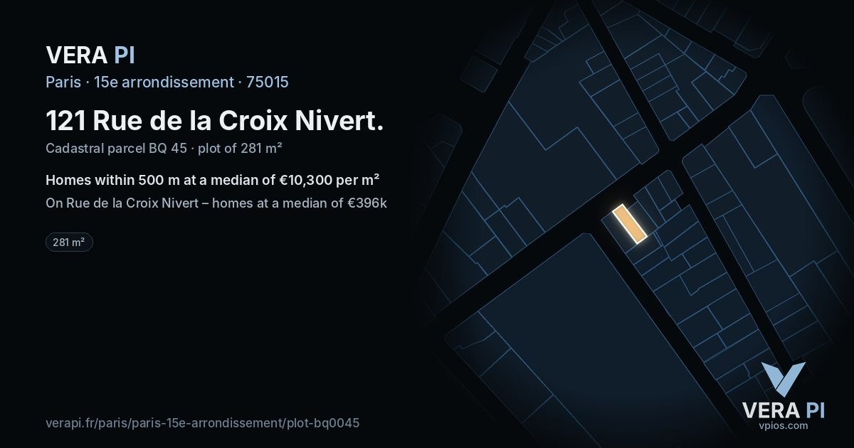 121 Rue de la Croix Nivert, 15e arrondissement at night – the plot lit, the parcels around coloured by the prices near them