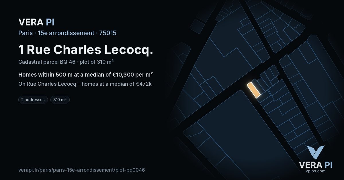 1 Rue Charles Lecocq, 15e arrondissement at night – the plot lit, the parcels around coloured by the prices near them