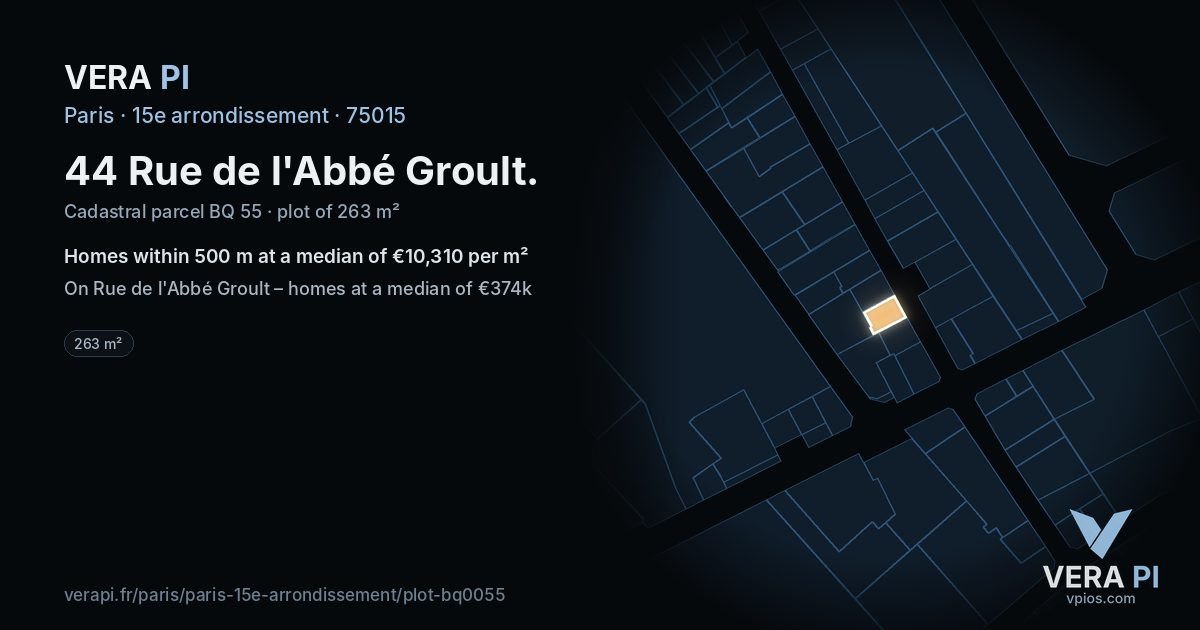 44 Rue de l'Abbé Groult, 15e arrondissement at night – the plot lit, the parcels around coloured by the prices near them