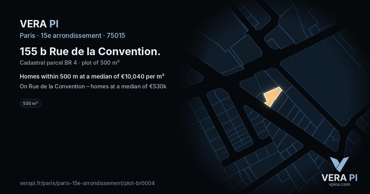 155 b Rue de la Convention, 15e arrondissement at night – the plot lit, the parcels around coloured by the prices near them