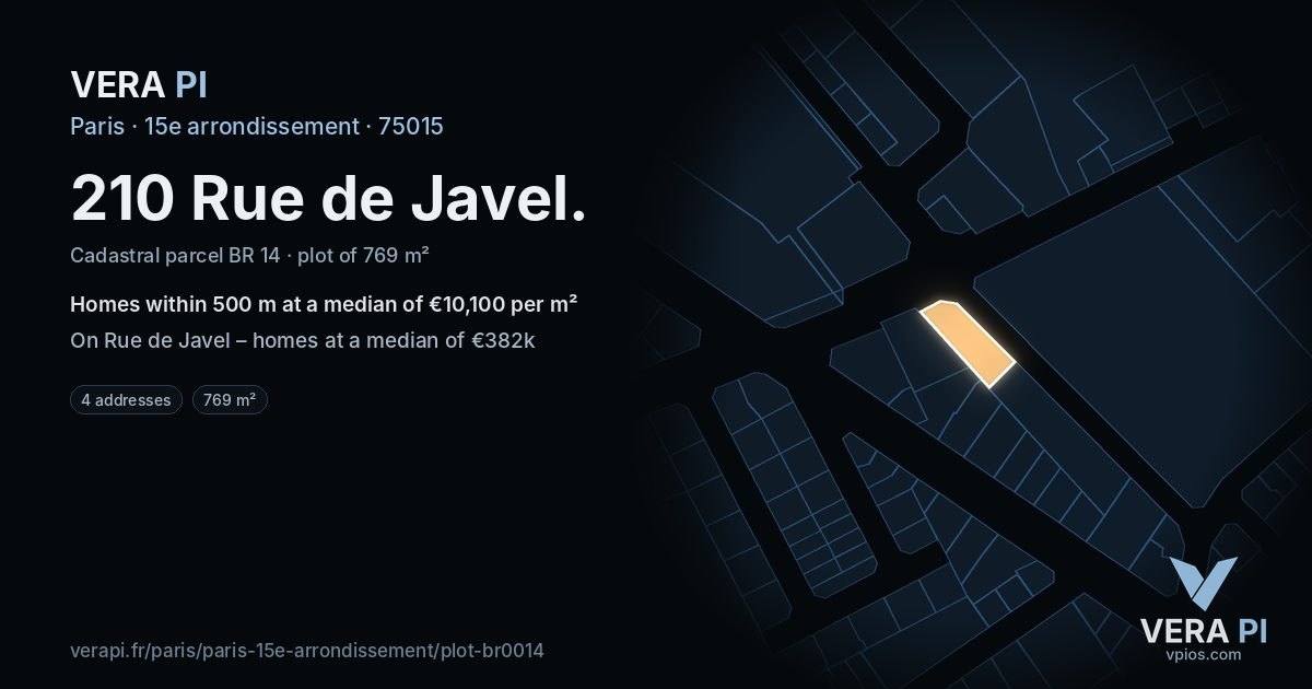 210 Rue de Javel, 15e arrondissement at night – the plot lit, the parcels around coloured by the prices near them