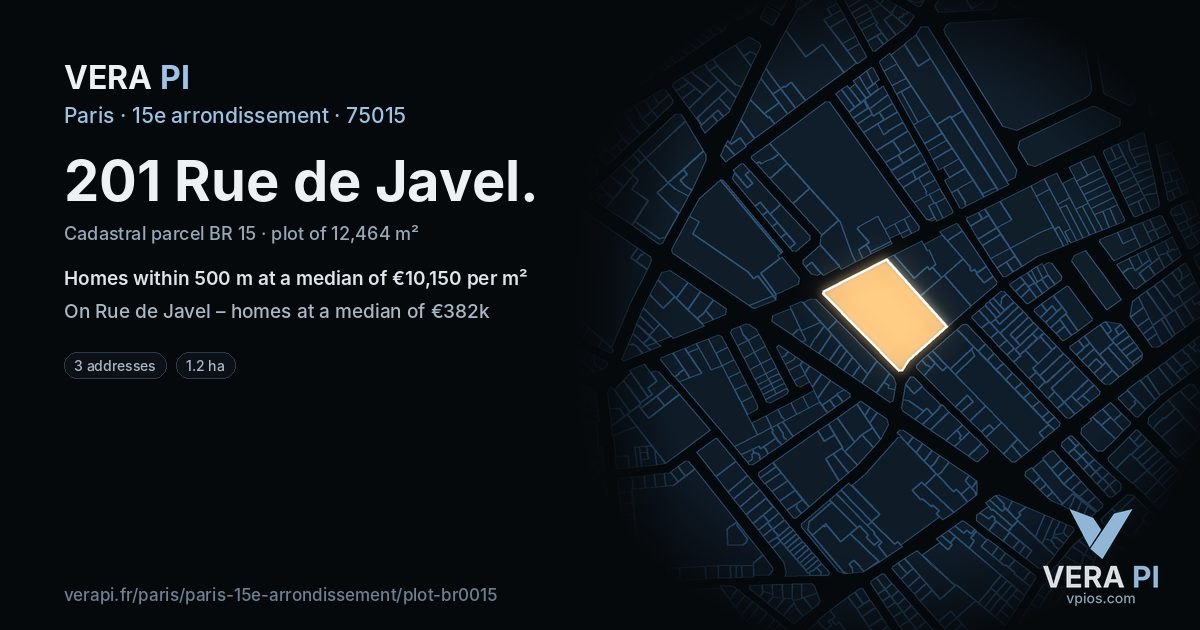 201 Rue de Javel, 15e arrondissement at night – the plot lit, the parcels around coloured by the prices near them