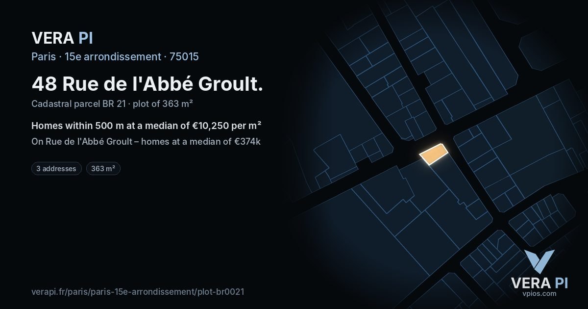 48 Rue de l'Abbé Groult, 15e arrondissement at night – the plot lit, the parcels around coloured by the prices near them