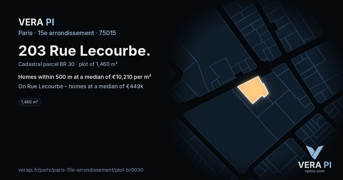 203 Rue Lecourbe, 15e arrondissement at night – the plot lit, the parcels around coloured by the prices near them