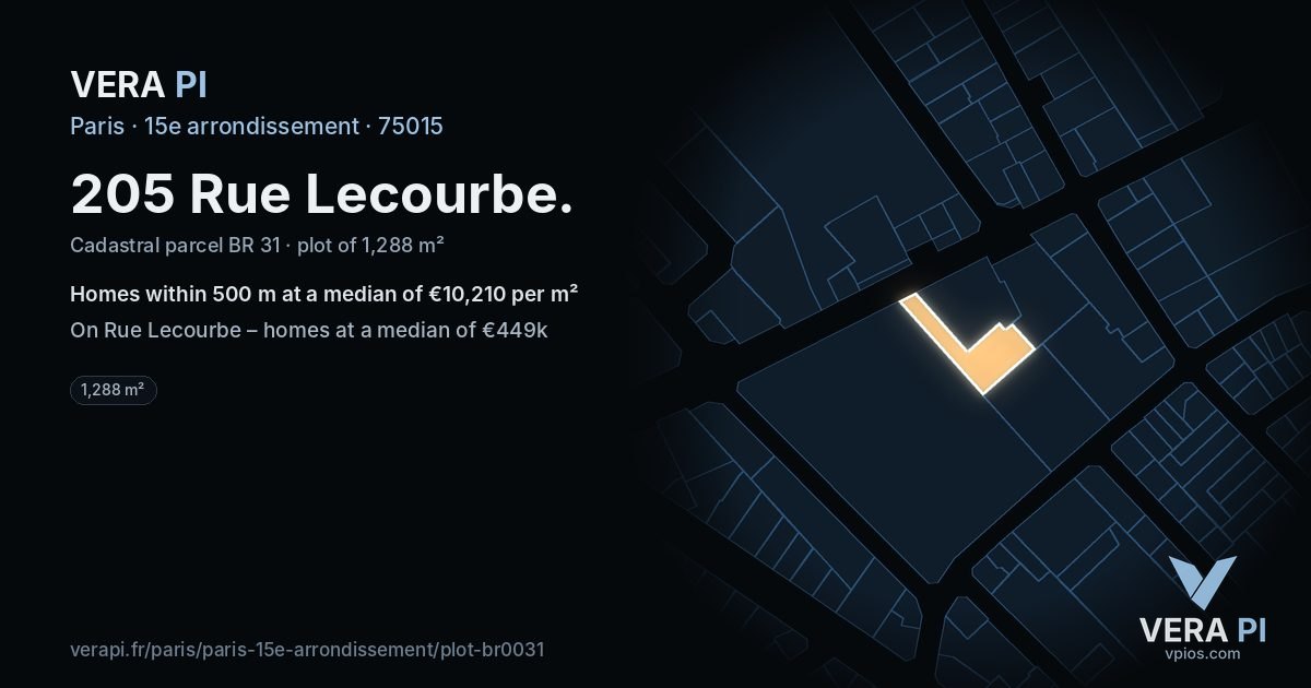 205 Rue Lecourbe, 15e arrondissement at night – the plot lit, the parcels around coloured by the prices near them