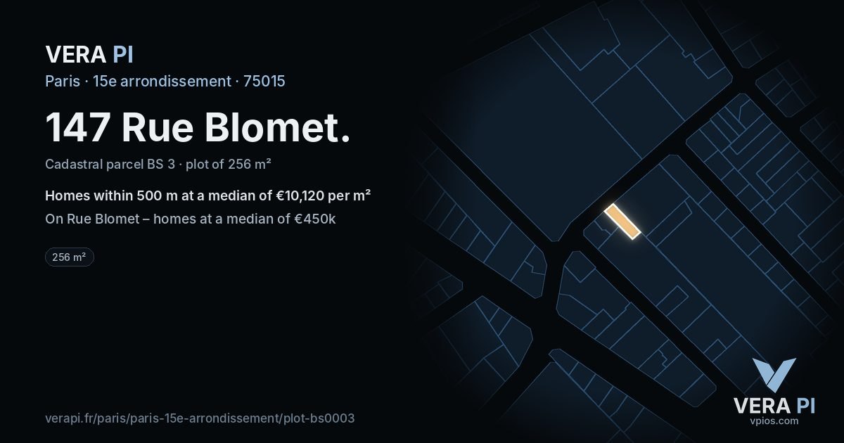 147 Rue Blomet, 15e arrondissement at night – the plot lit, the parcels around coloured by the prices near them