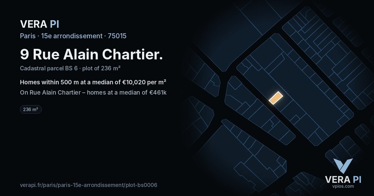 9 Rue Alain Chartier, 15e arrondissement at night – the plot lit, the parcels around coloured by the prices near them